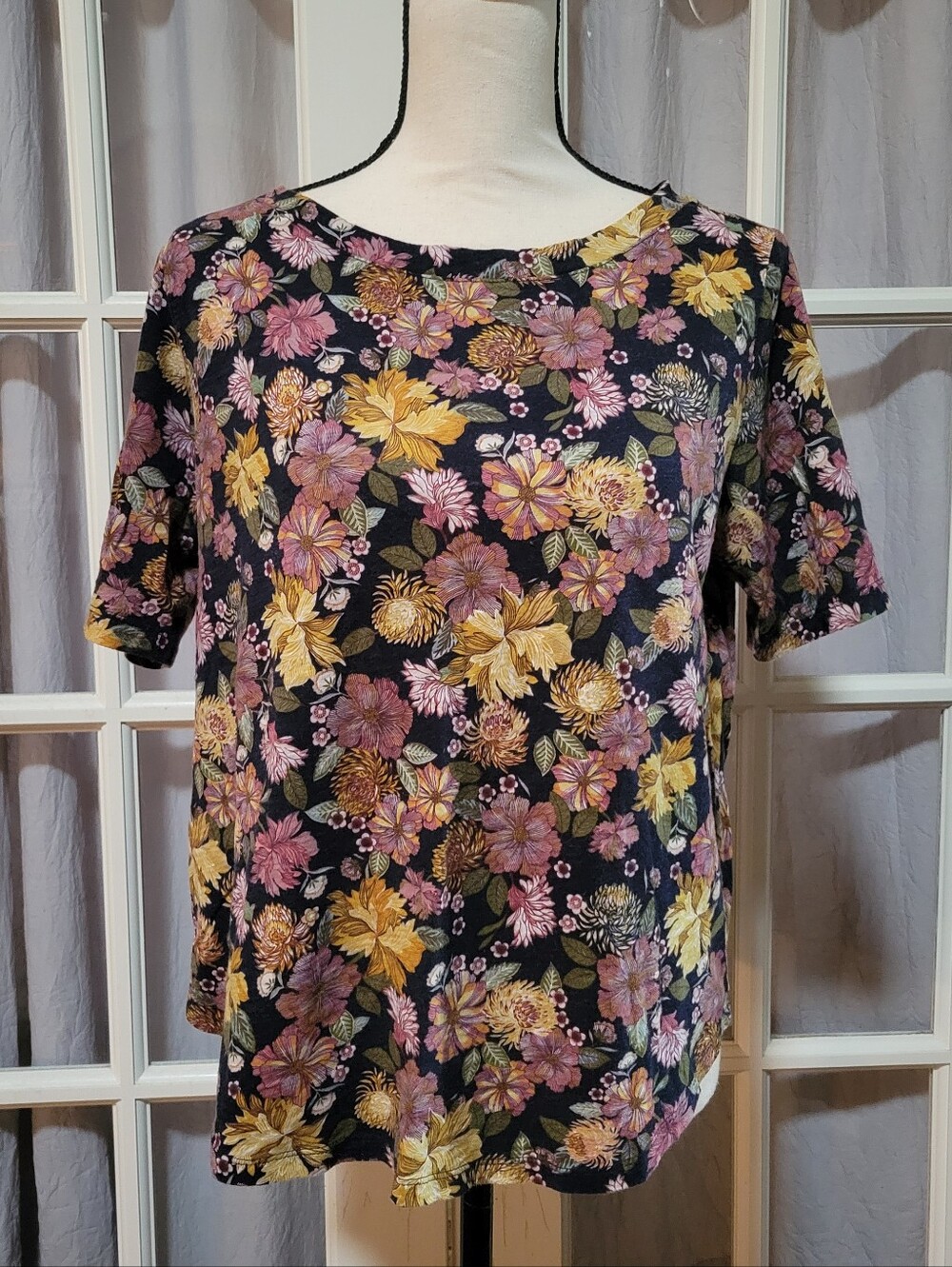 LOFT Blue Short Sleeve Floral Tee with Pink & Yellow Blossoms